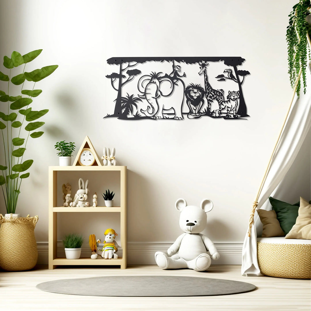 Metal wall decor of a jungle scene with an elephant, monkey. lion, giraffe, tiger and toucan, full of character and charm