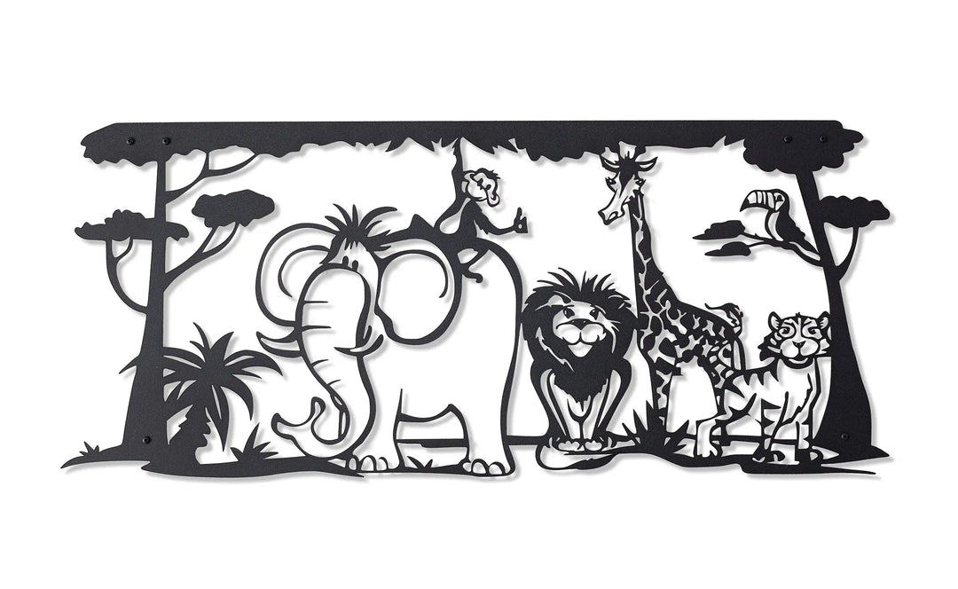 Metal wall decor of a jungle scene with an elephant, monkey. lion, giraffe, tiger and toucan, full of character and charm