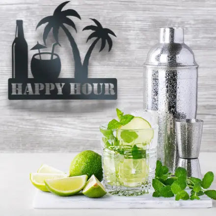 Metal wall decor with happy hour wording with a bottle, glass and palm tree design ready to hang in your bar or entertainment area.