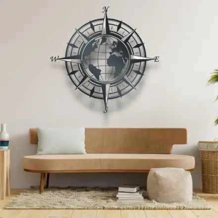 World Map Compass - Metal Wall Art