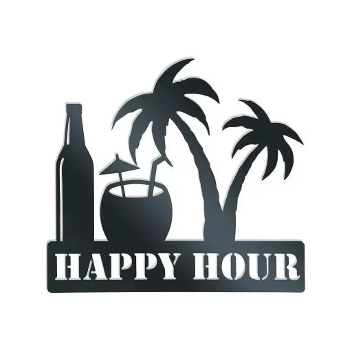 Metal wall decor with happy hour wording with a bottle, glass and palm tree design ready to hang in your bar or entertainment area.