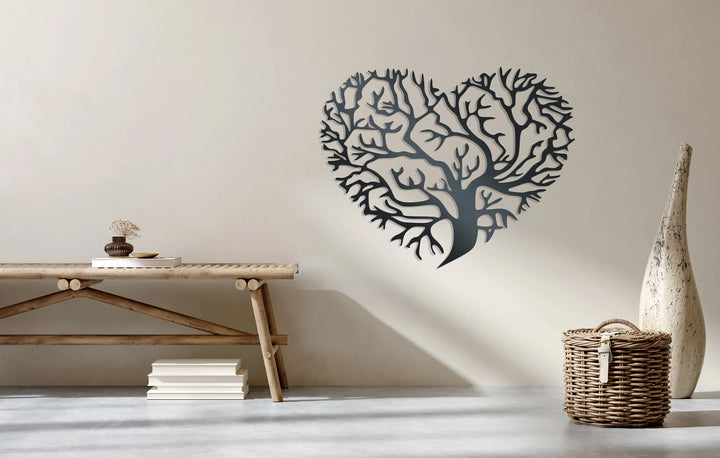 Metal wall decor of a tree of life cut into a heart shape