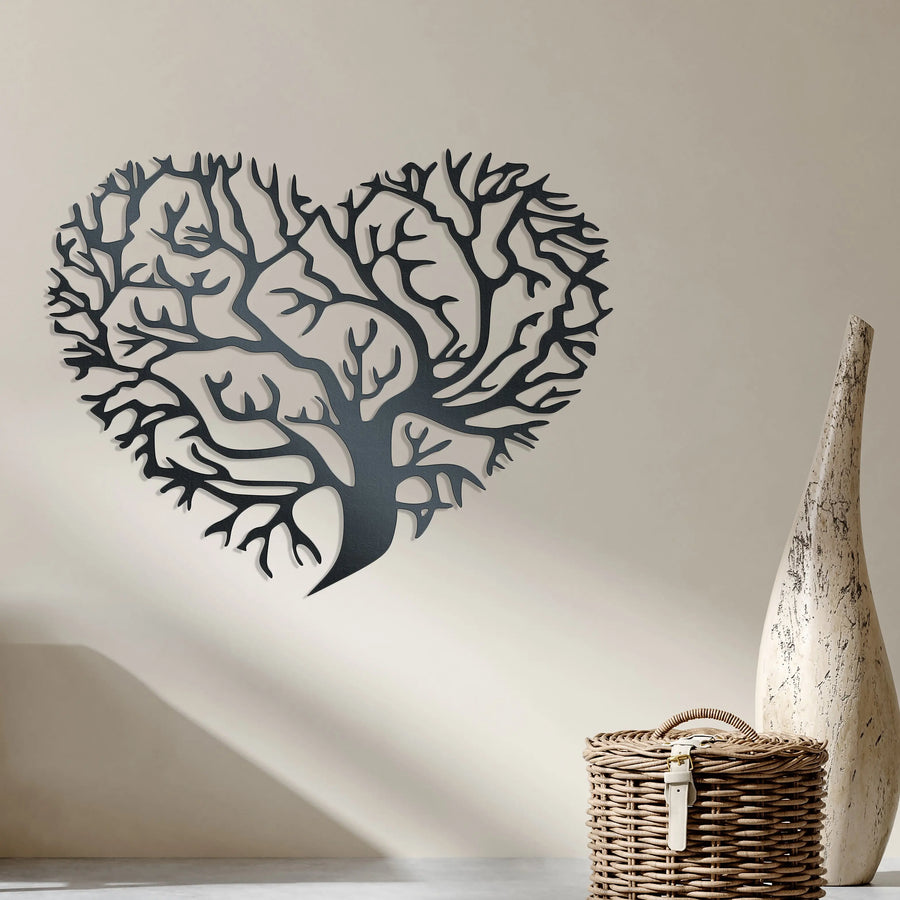 Metal wall decor of a tree of life cut into a heart shape