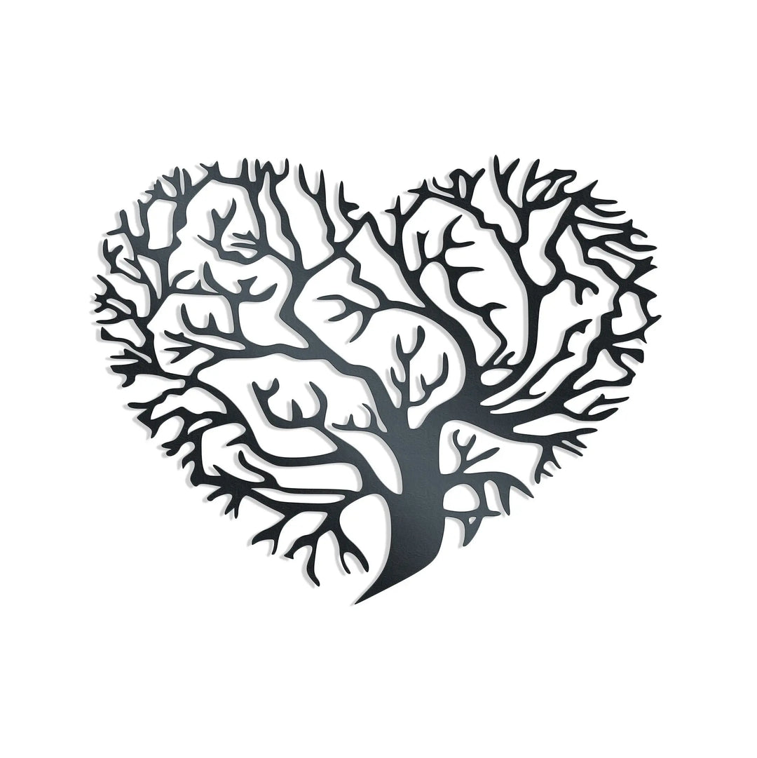 Metal wall decor of a tree of life cut into a heart shape