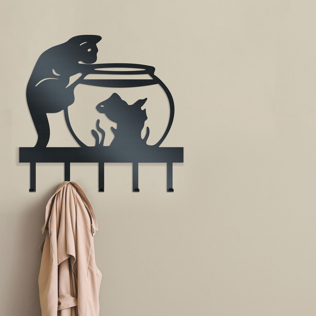 Cat & Fish Bowl - Metal Wall Art and Hanger Rusper & Pines