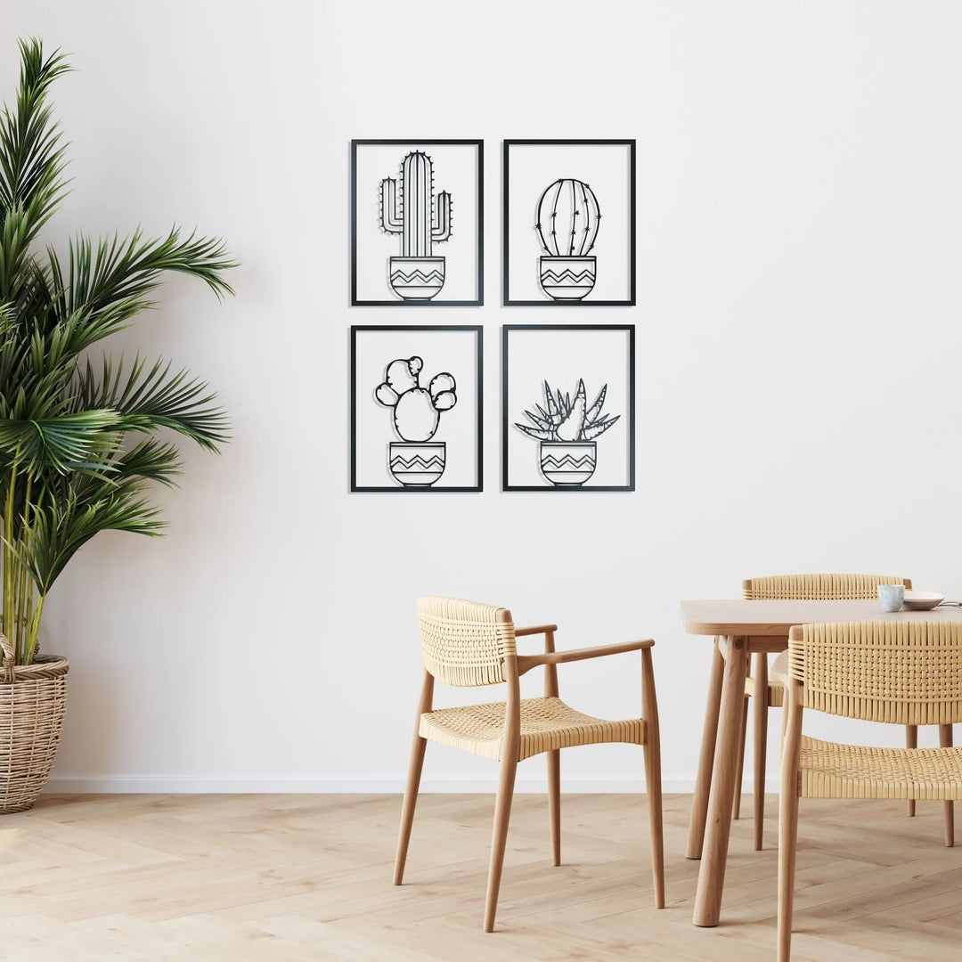 Set of Four cacti metal wall decorations in frames, allows you to create a display on any wall in your home. stunning detailed designs.