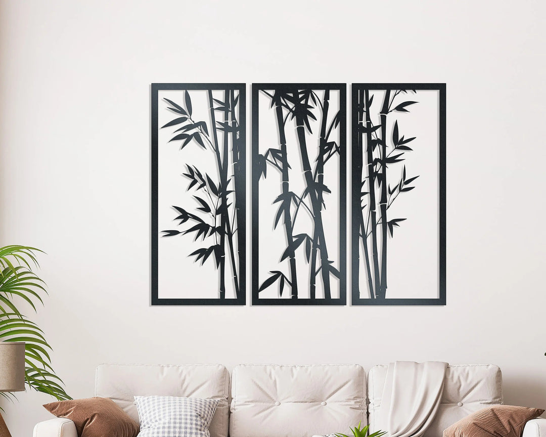 Bamboo Wall Art - Three Piece Panel Bamboo Metal Wall Art - Rusper & Pines