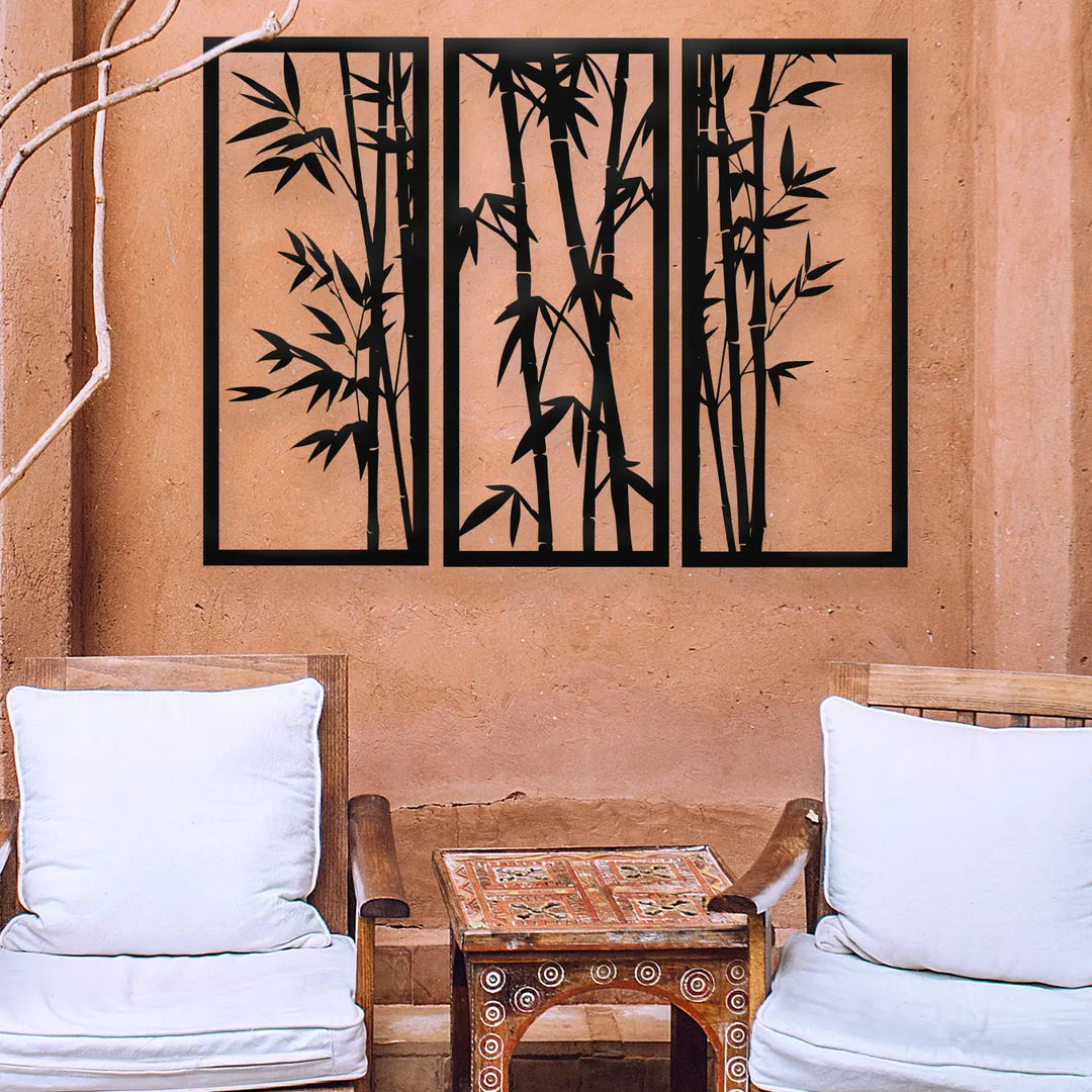 Bamboo Wall Art - Three Piece Panel Bamboo Metal Wall Art - Rusper & Pines