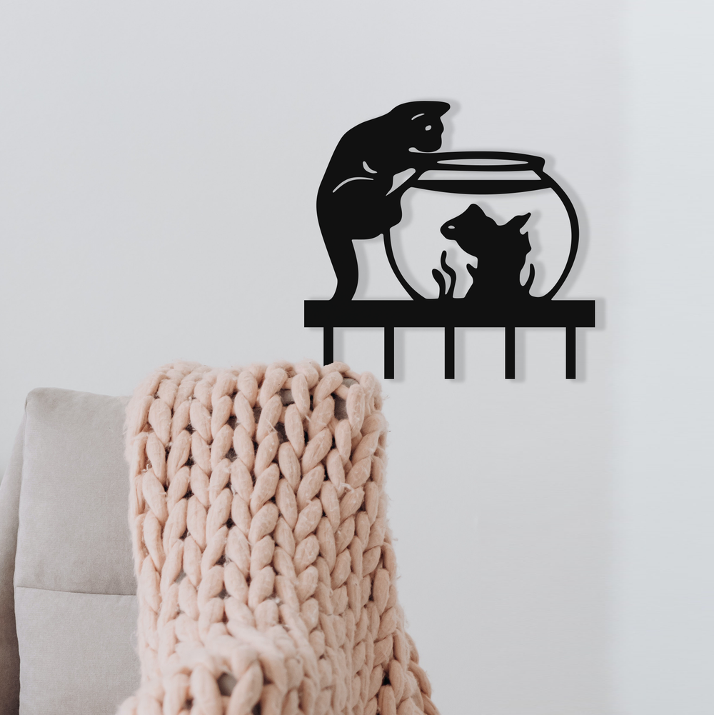 Cat & Fish Bowl - Metal Wall Art and Hanger Rusper & Pines